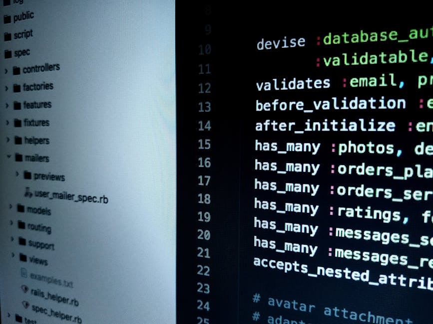 The image shows a computer screen with code displayed. On the left side, there is a sidebar with directory folders such as 'public', 'script', 'spec', 'controllers', 'factories', 'features', 'fixtures